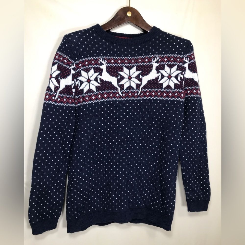 Crown & Ivy Sweater Pullover youth Large Blue Geometric Knit Crew Neck Cotton